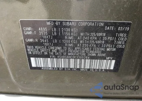 2019 Subaru Outback 2.5I Limited из США, поврежденный, VIN 4S4BSANC0K3305264